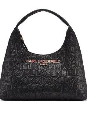 Karl Lagerfeld Black Embossed Logo Hobo with Gold Plaque